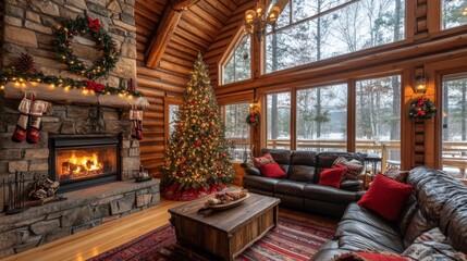 Fototapeta premium Christmas Tree in Cozy Cabin