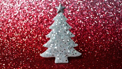 Sequined Silver Christmas Tree on Red Glitter, Minimalist Flat Lay