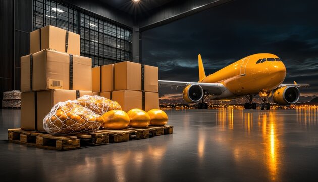 A vibrant scene of a cargo plane with boxes and food pallets in a hangar.