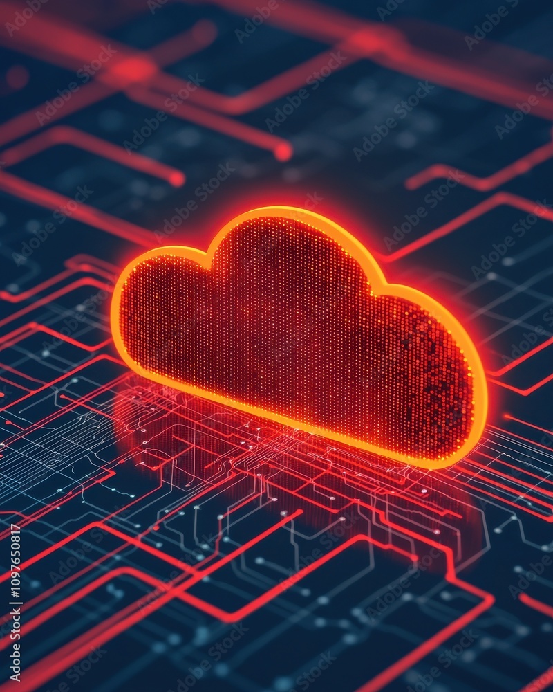 Poster a glowing red cloud icon sits on a digital circuit board background, symbolizing cloud computing and