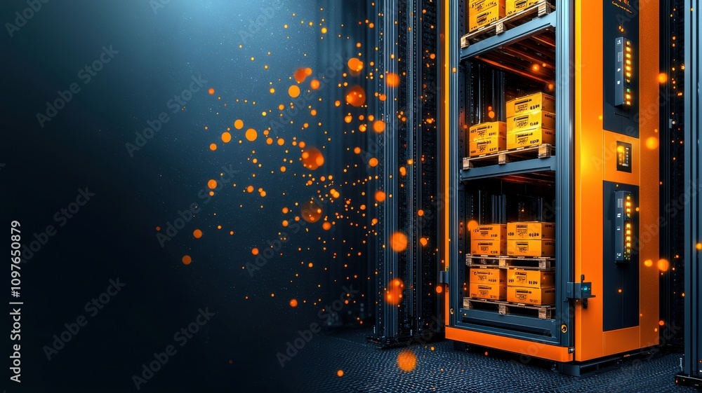 Poster an advanced automated storage system with glowing packages for efficient inventory.
