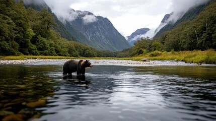 A solitary bear wades through a tranquil river set amidst towering mountains and lush forests, epitomizing wilderness and serenity.