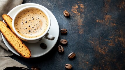 A warm cup of coffee with a biscotti on a textured surface, inviting relaxation.