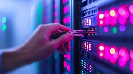 Hand connecting wires in a server rack with colorful lights.