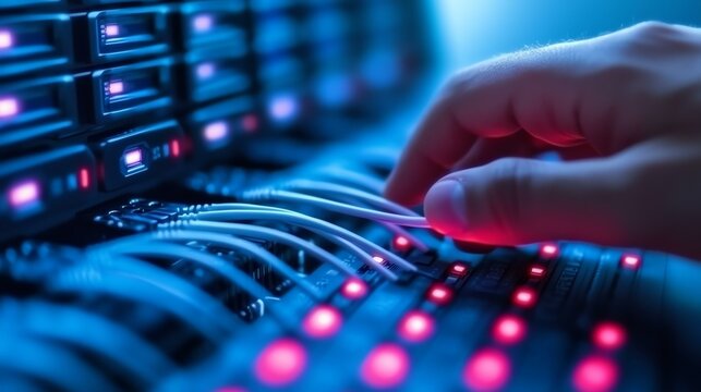Hand adjusting server cables in a data center. - Powered by Adobe
