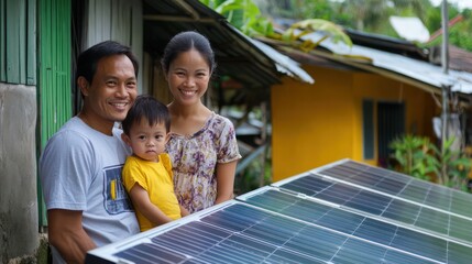 Asian family reducing solar installation costs for a green initiative in Manila, Philippines