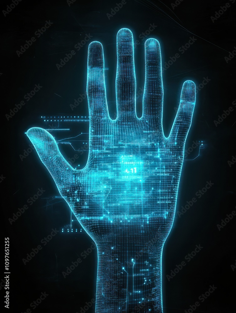 Poster hand using glowing digital communication and security interface on screen. global business and commu