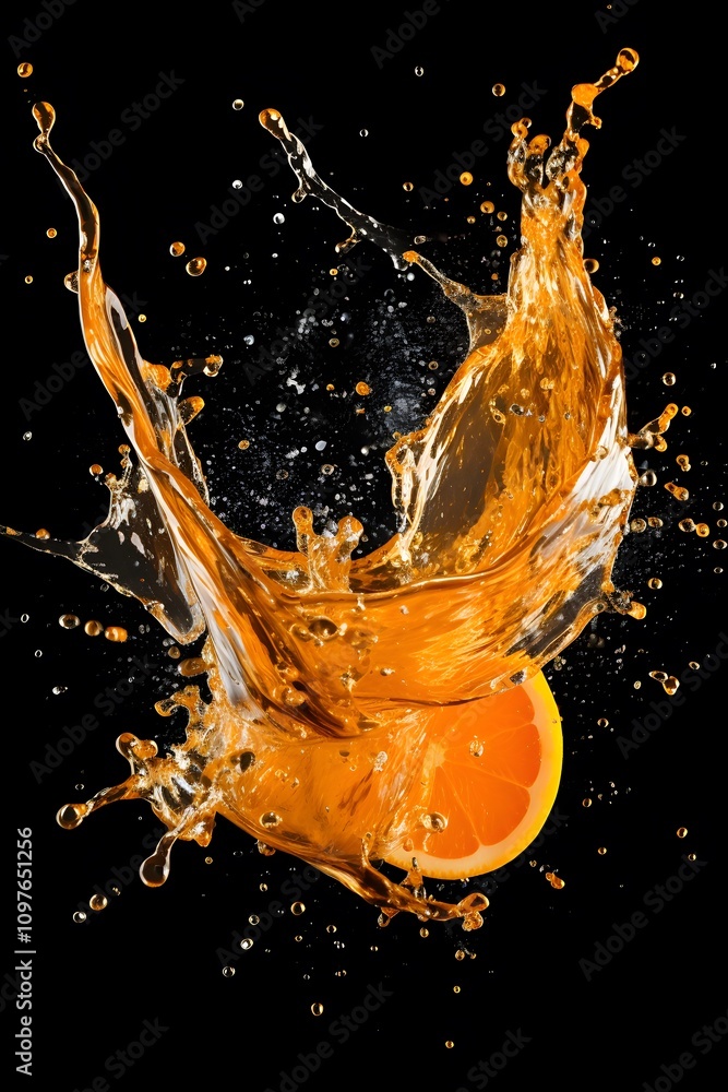 Aufkleber an orange slice splashes into liquid, creating dynamic droplets against a dark background.