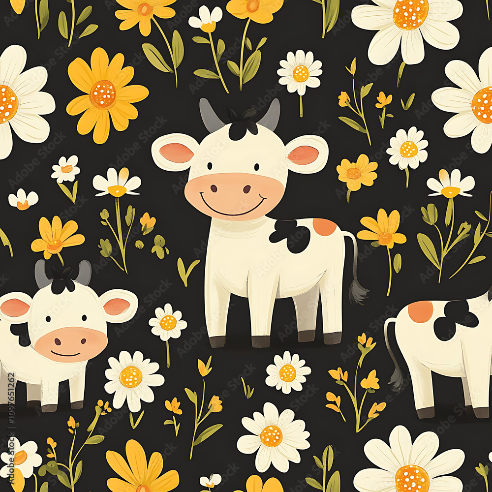 Poster cute cow seamless pattern featuring cheerful cows and vibrant flowers. this delightful design is per