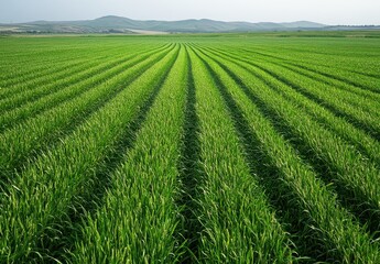 Naklejka premium Expansive Green Crop Field with Symmetrical Rows Under a Clear Sky Capturing the Essence of Agriculture and Nature's Beauty in Harmony