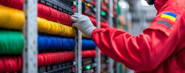 Worker managing colorful spools in a textile facility.