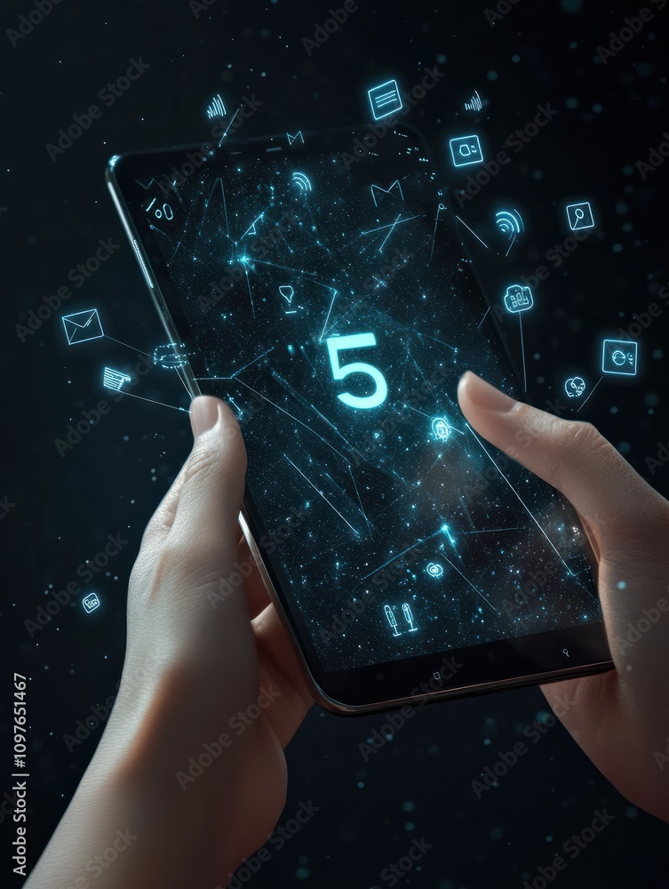 Poster hand using tablet with abstract 5g interface with computing icons on dark background. internet speed