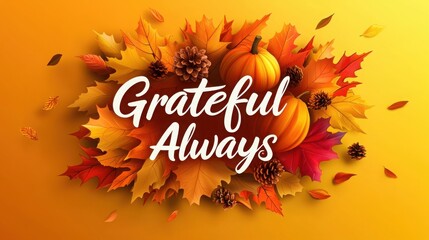 A vibrant autumn-themed design featuring colorful leaves, pumpkins, and the phrase "Grateful Always," evoking feelings of gratitude and seasonal beauty.
