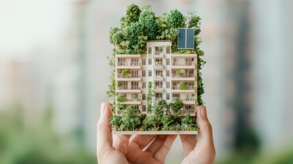 Hand holding a miniature green building surrounded by lush plants and solar panels.