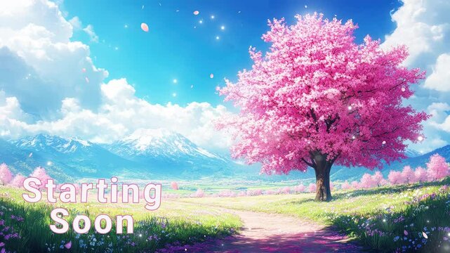 Experience the beauty of spring with vibrant blossoms and mountains. starting soon stream overlay seamless loop Vtuber streamer asset twitch zoom OBS screen animated wallpaper virtual background