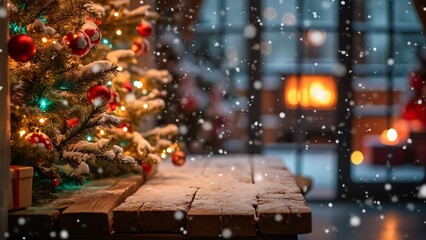 Obraz premium Snowy Christmas Eve, Close-up of Decorated Tree & Wooden Table