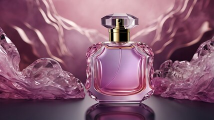 luxury glass or crystal perfume bottle with smoke waves background in pink purple theme, mixed digital 3d illustration 