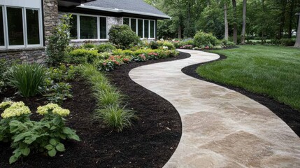 Obraz premium A well-manicured garden featuring winding pathways and vibrant flowerbeds offers a tranquil and picturesque retreat.