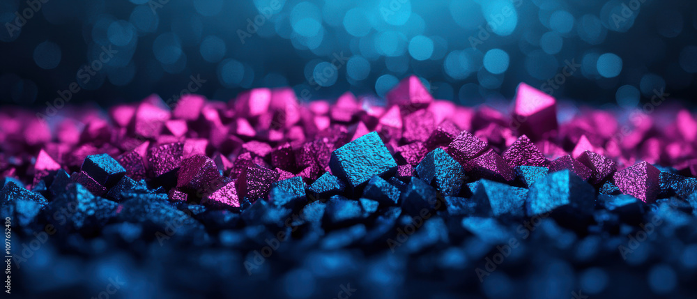 Poster a vibrant, colorful background featuring shimmering blue and pink geometric shapes, creating a visua