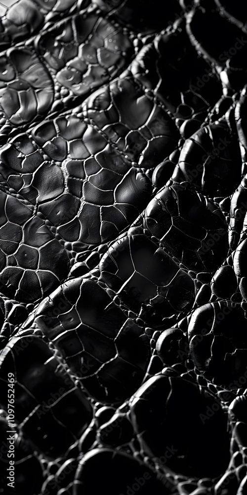 Poster close-up of textured black surface resembling reptile skin with intricate patterns.