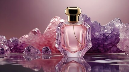 luxury glass or crystal perfume bottle with smoke waves background in pink purple theme, mixed digital 3d illustration 