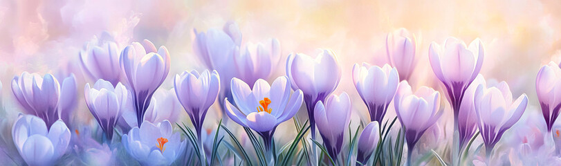 Fototapeta premium A cluster of purple crocuses in full bloom, standing gracefully on green leaves against a pastel background. A beautiful symbol of springtime renewal and hope.
