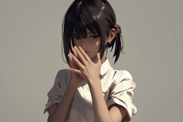 Fototapeta premium Pensive girl with hands over mouth in contemplative pose