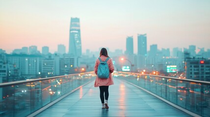 A solitary traveler walks toward a vibrant cityscape at dusk, capturing urban exploration.