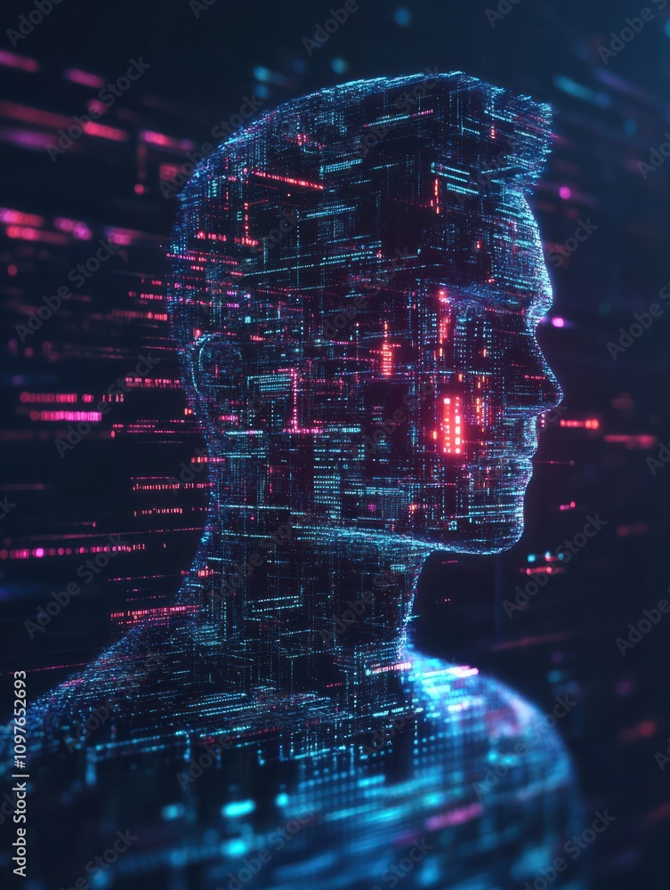 Poster human resources hologram on creative glowing programming backdrop. software and hr concept. 3d rende