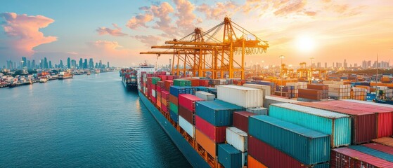 A vibrant sunset view of cargo containers being loaded onto a ship at the harbor.