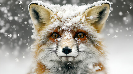 Obraz premium Red Fox in White Snow during Cold Winter, Red fox in winter forest, Close up portrait of a wild animal, Close up of a red fox in the winter forest with snow