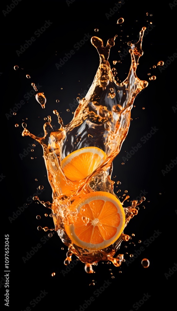 Poster fresh orange slices splashing in liquid, creating a vibrant and refreshing visual.