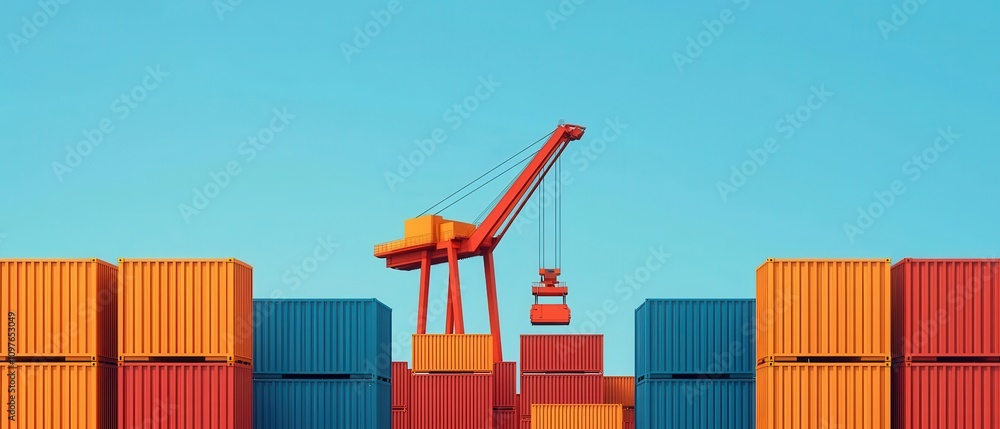 Poster colorful shipping containers stacked at a port ready for transportation and logistics.