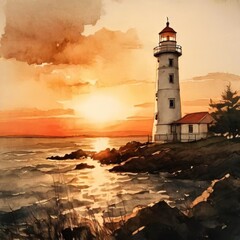A beautifully calm watercolor-style depiction of a lighthouse at sunset. The soft hues of the sunset reflect on the ocean, creating a peaceful, serene scene. Ideal for those seeking artistic ocean