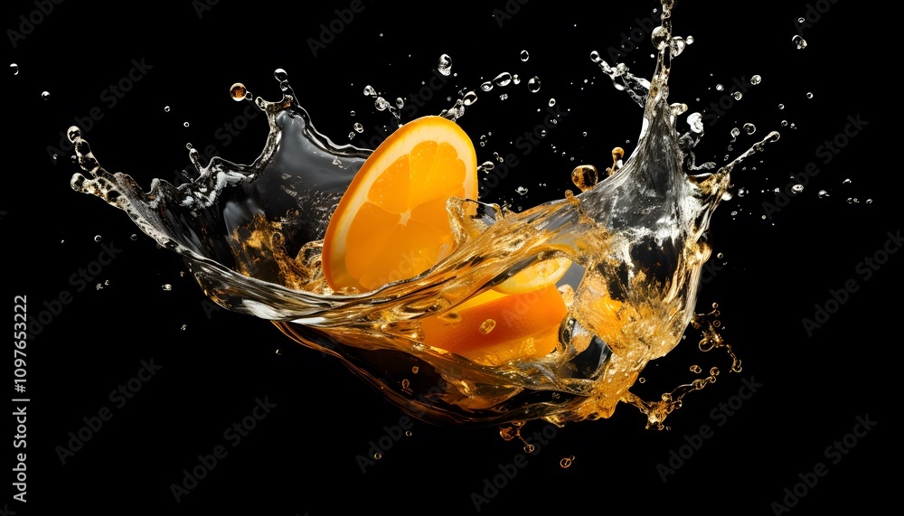 Poster orange slices splashing in water, creating a dynamic and refreshing visual effect.