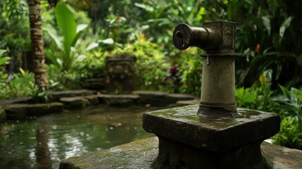 Rustic Water Pump in Lush Green Garden Setting