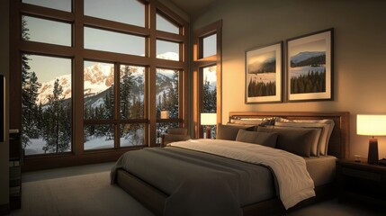 Winter lodge retreat mountain view interior photography cozy setting warm ambiance