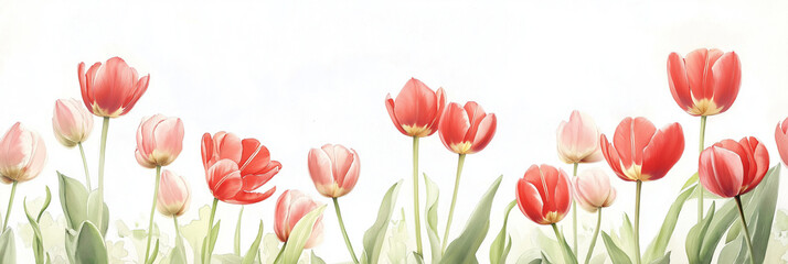 A picturesque field showcasing a variety of blooming tulips in red and pink hues, set against a bright and charming backdrop, creating a lively springtime scene.