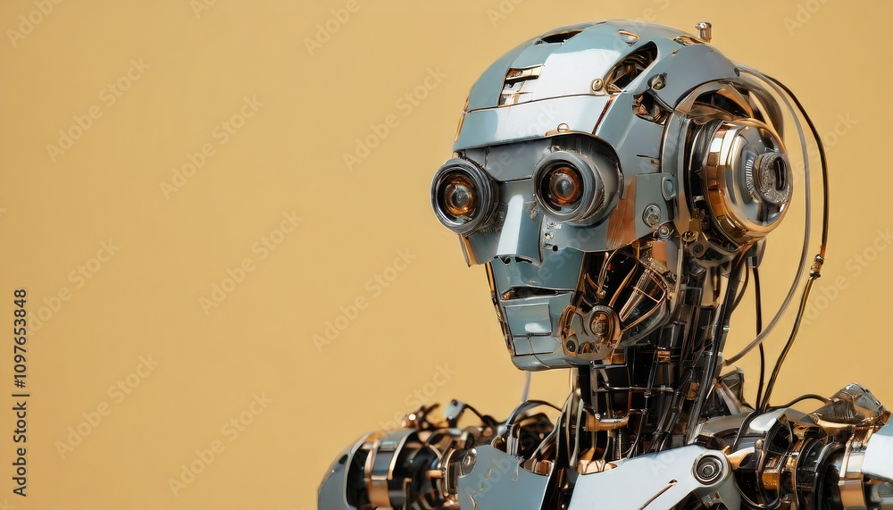 Poster a detailed shot of a shiny, silver robotic head with intricate components and expressive features. t