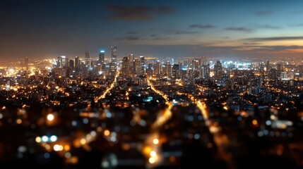 An expansive cityscape at dusk, illuminated by blurred lights creating a dreamy ambiance, mirroring the vibrancy and pulse of urban life.