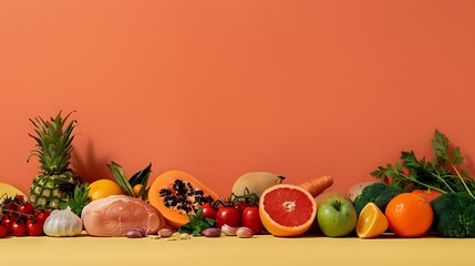 fresh food on table for dinner on orange background