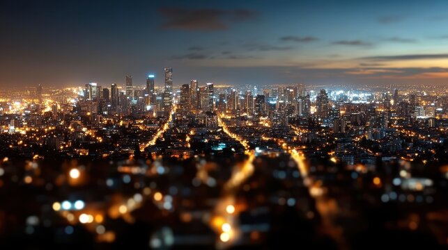 An expansive cityscape at dusk, illuminated by blurred lights creating a dreamy ambiance, mirroring the vibrancy and pulse of urban life.
