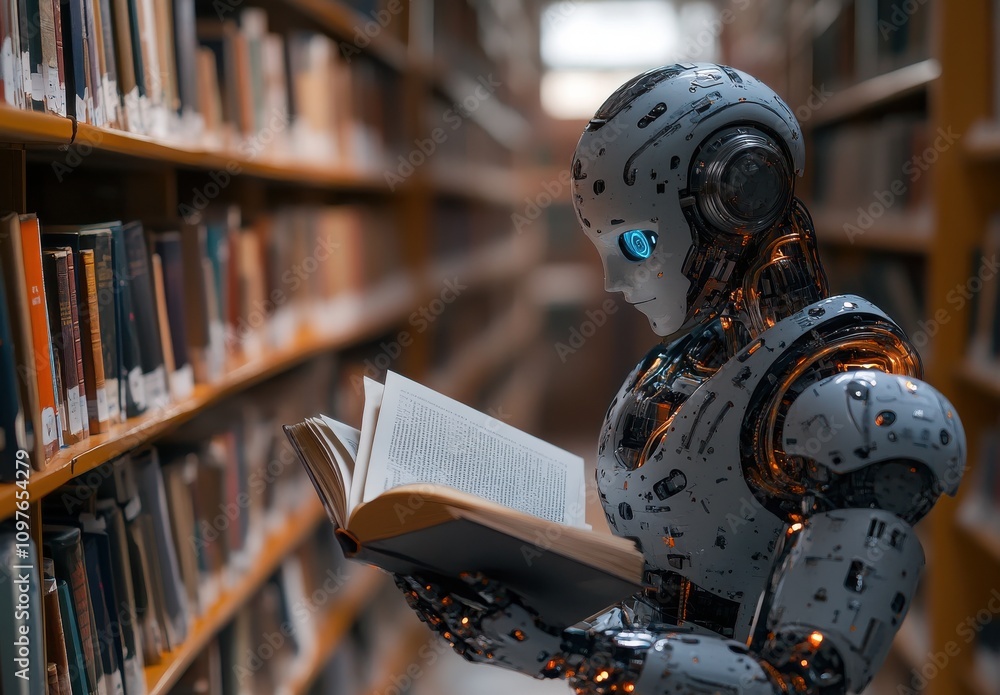 Poster futuristic robot engaged in reading a book in a library surrounded by rows of bookshelves filled wit