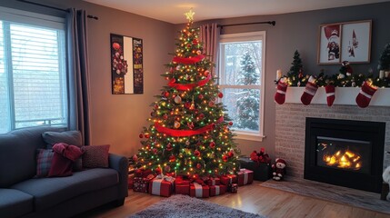 Vibrant Christmas Tree with Red Ribbons and Lights