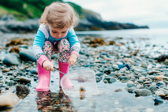 child wearing flowered leggings and pink wellington boots uses a fishing net to explore a rockpool. The playful scene captures the joy of outdoor adventure and childhood curiosity.