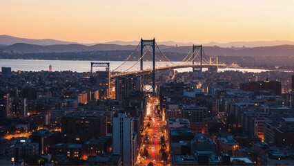 Obraz premium Generative AI, Golden Sunset Over a City and Suspension Bridge