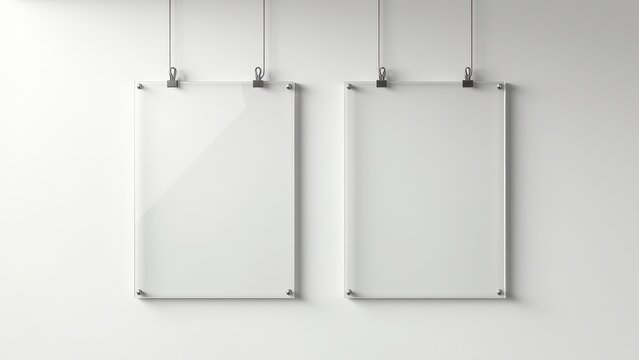 Nails for picture hanging. Two empty frames with metal hooks hang on a white wall. Each frame features four black corner pins securing the transparent cover.