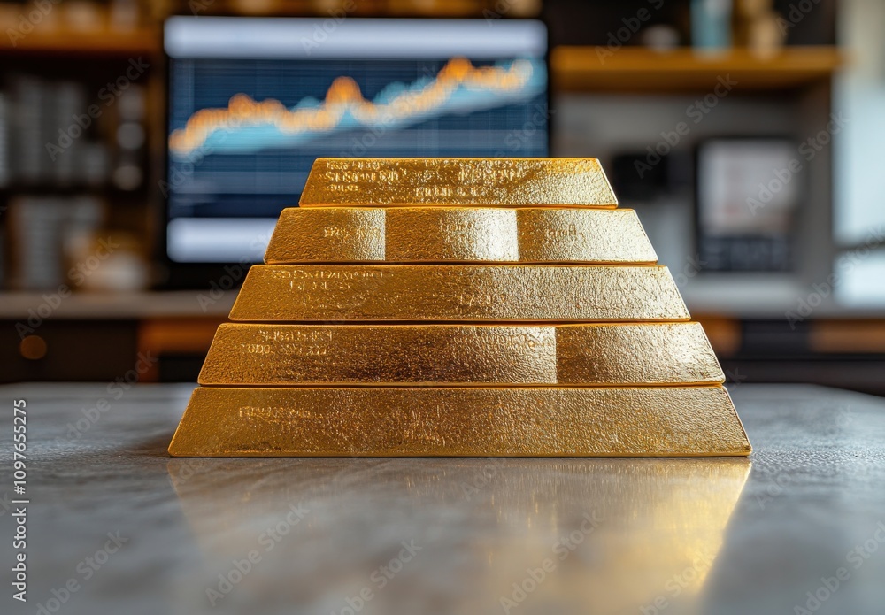 Poster golden pyramid shape with bars displayed on desk overlooking financial graphs in a modern office set