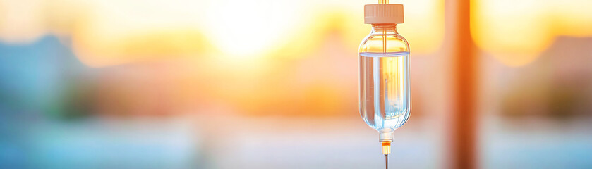 Close-up of vaccine vial against beautiful sunset background, symbolizing hope and healing.