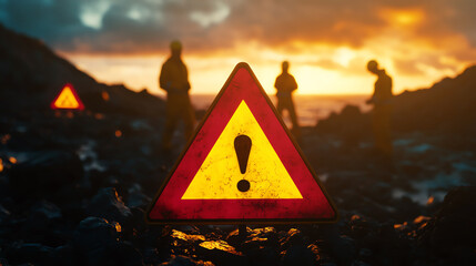 Warning sign sunset, symbolizing caution and danger in a scenic landscape with silhouettes.